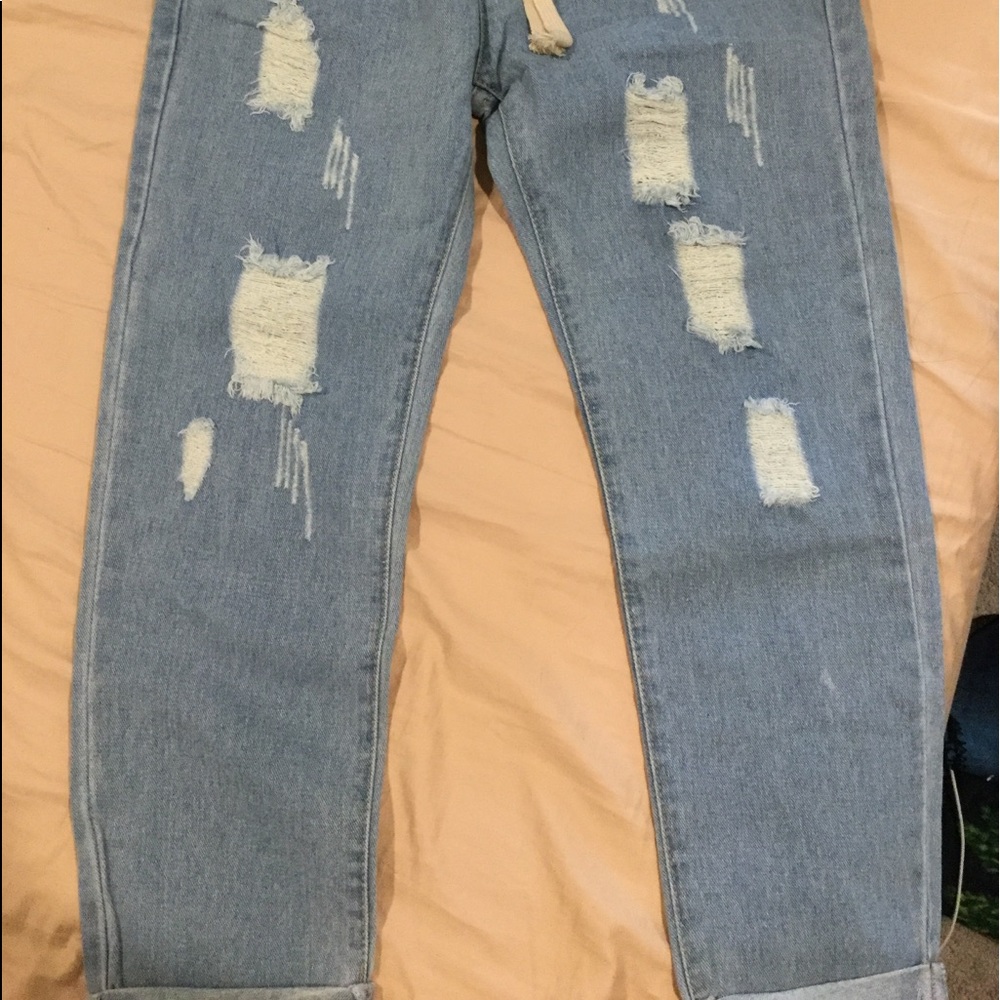 DISTRESSED DRAWSTRING WAIST CROPPED JEANS - Picture 7 of 7